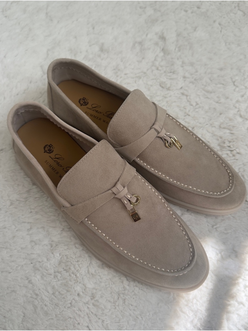 Loro Piana Taupe Suede Tassel Loafers with Gold Hardware
